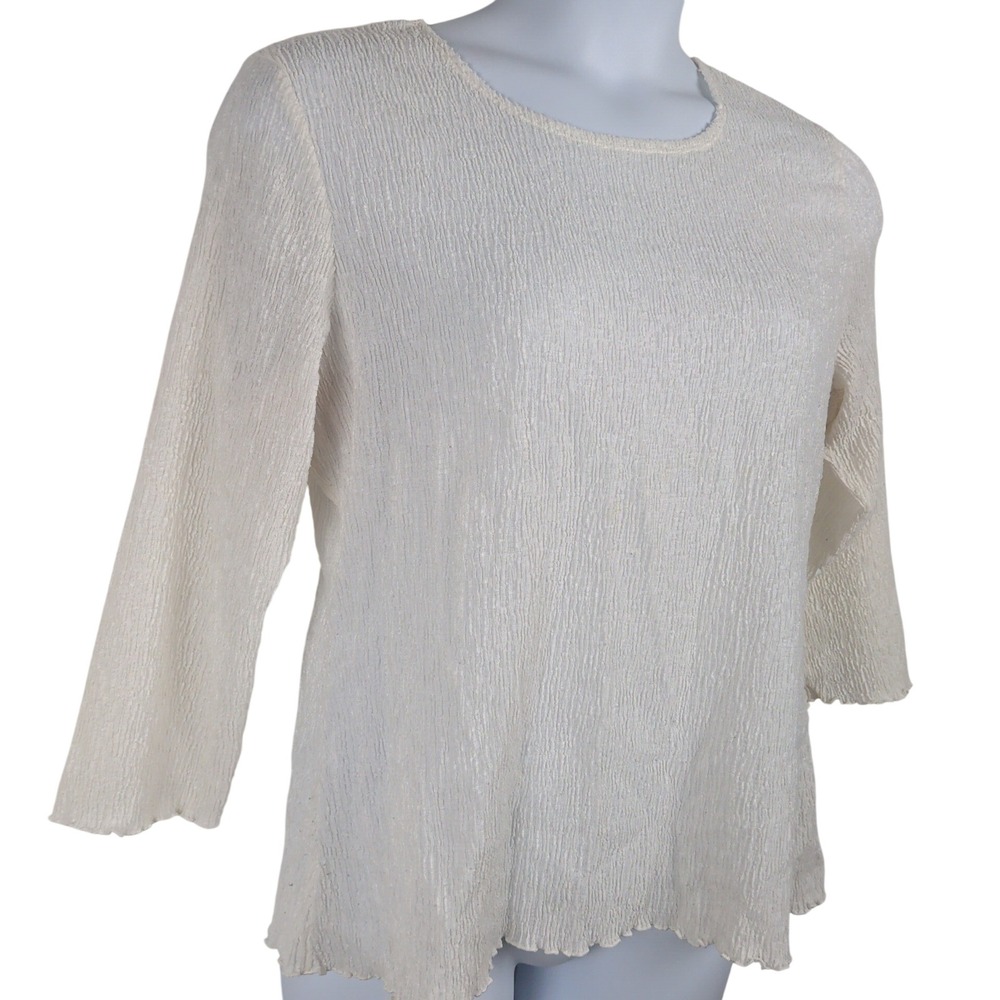 Minimalist Cream Crinkle Textured Top XL Round Neck Stretchy Office Professional